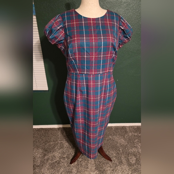 Collectif Plus Size Red & Blue Plaid Demira Pencil Dress - UK 20  - Picture 2 of 3
